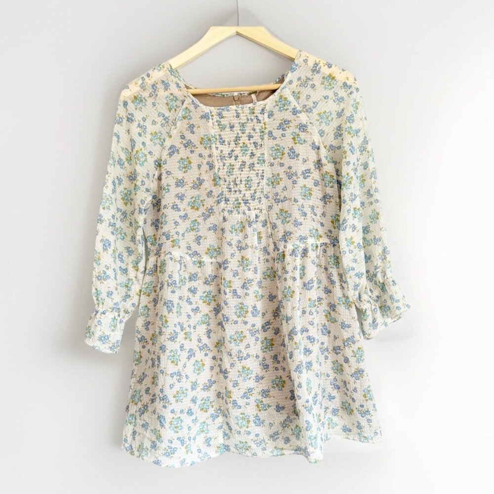 Free People Floral Babydoll Dress 2 Smocked Ruffle Sleeve Cottagecore Coquette